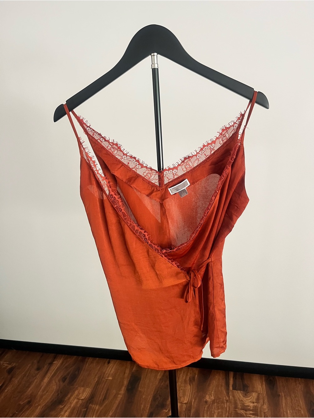 Lace-Trim Rust Satin Wrap Camisole
